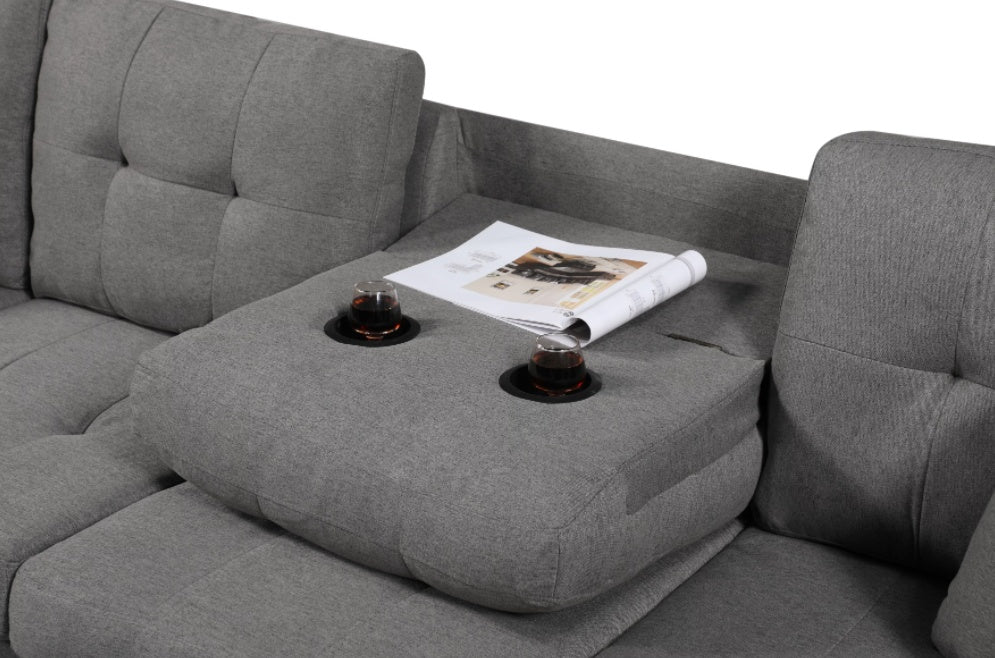 Shopi Vella fabric sofa with ottoman in gray featuring tufted cushions and cup holders