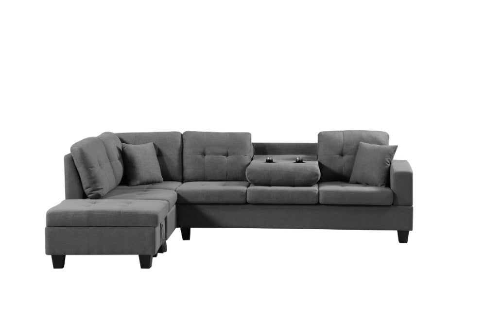 Shopi Vella gray fabric sofa with ottoman and cup holders featuring adjustable cushions