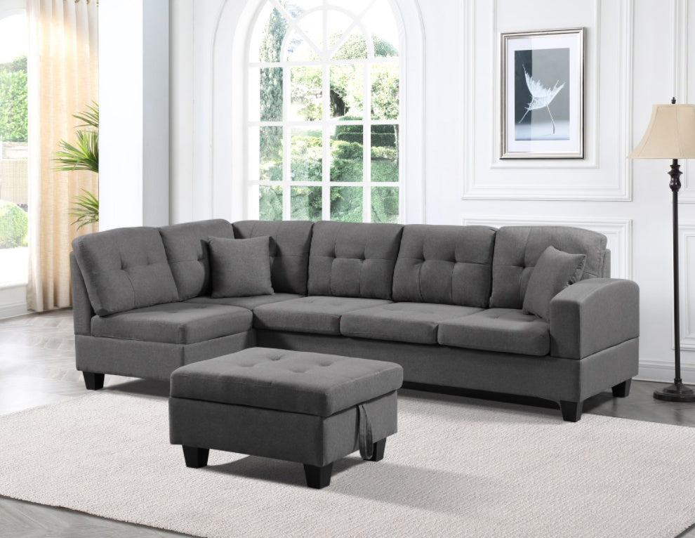 Shopi Vella gray fabric sofa with ottoman in a bright modern living room setting