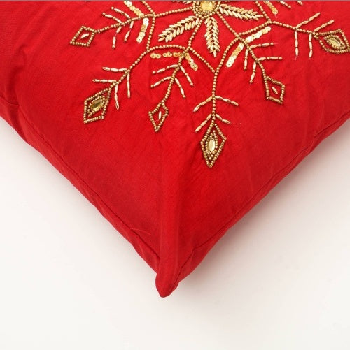 Red pillow case with intricate gold embroidery ideal for fashionable accent cushions for sofa