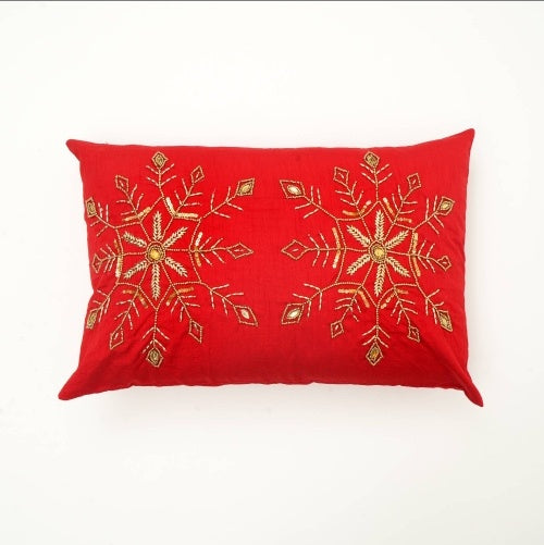Shopi Vella red pillow case with gold snowflake embroidery for fashionable accent cushions for sofa