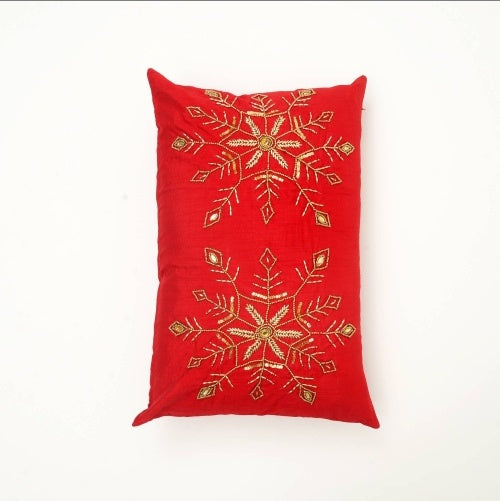 Shopi Vella red pillow case with gold embroidered snowflake design for fashionable accent cushions for sofa