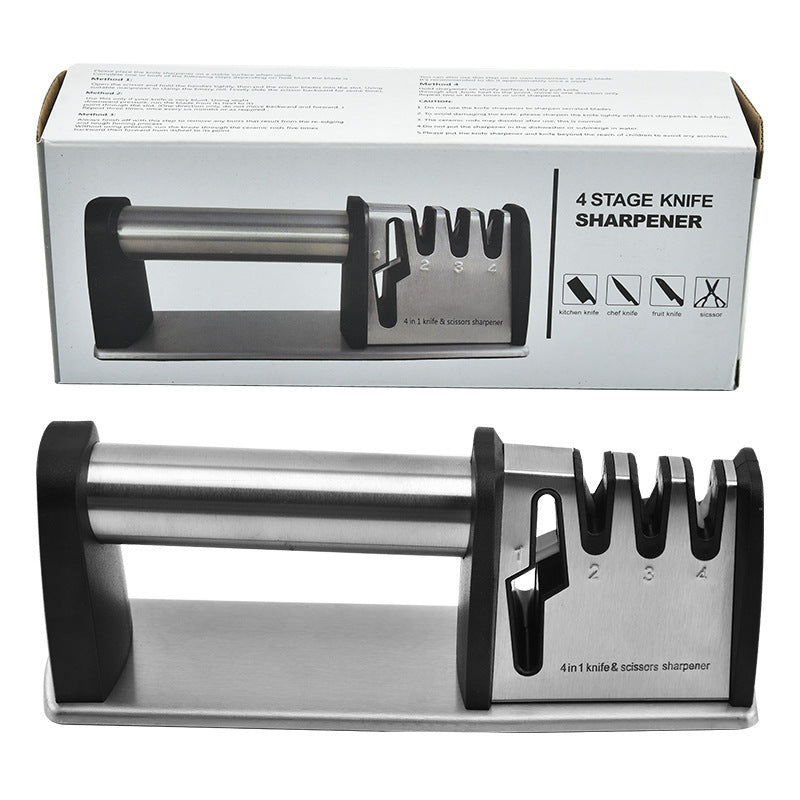 Shopi Vella 4 stage fast knife sharpener with stainless steel handle for kitchen storage