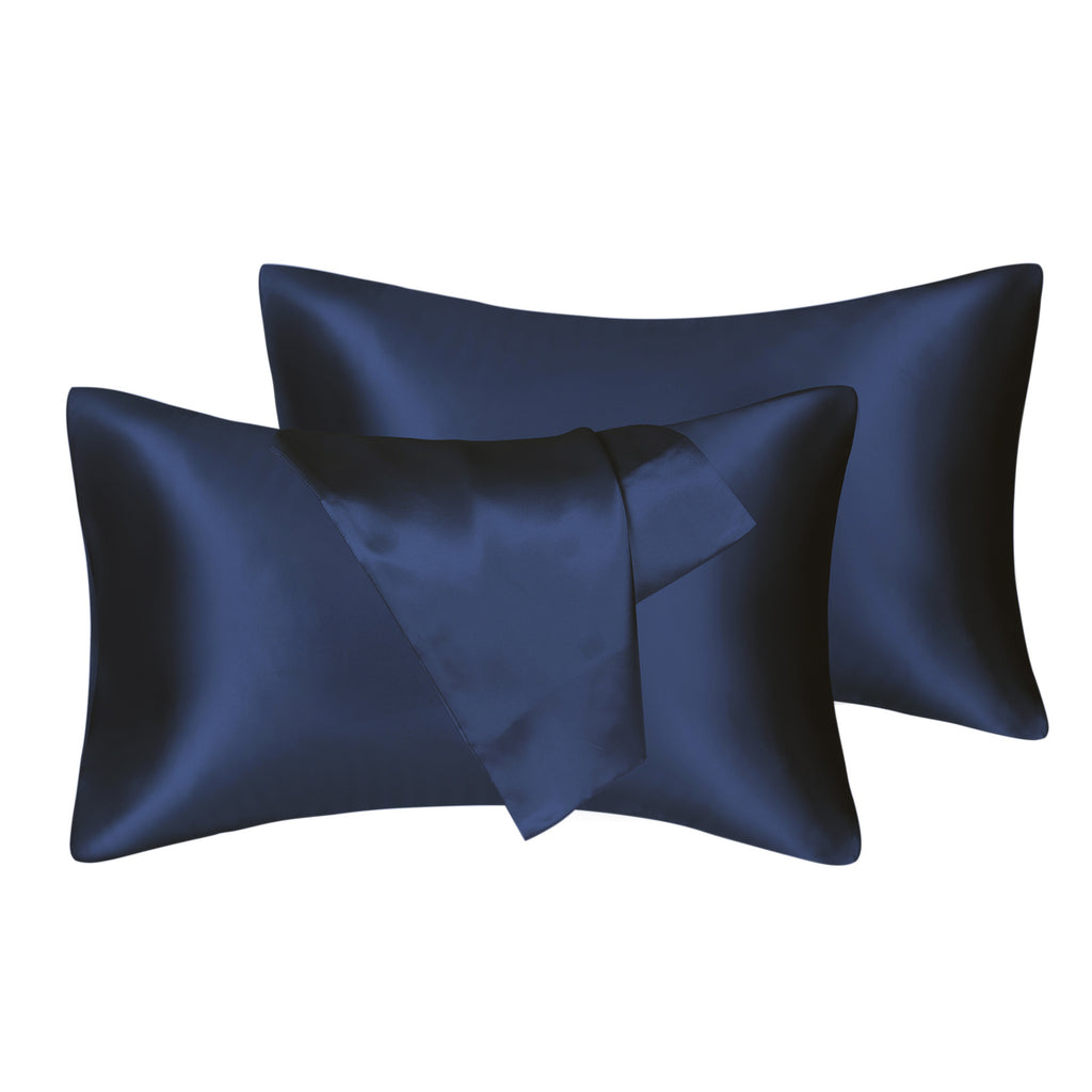 Shopi Vella navy blue 75D artificial silk pillow cover set with smooth shiny finish