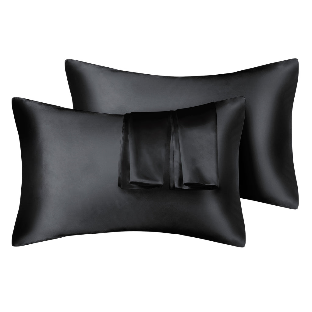 Shopi Vella black 75D artificial silk pillow cover set with smooth and shiny finish