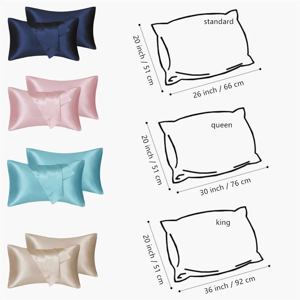 Shopi Vella 75D artificial silk pillow cover in navy, pink, teal, and beige with size dimensions