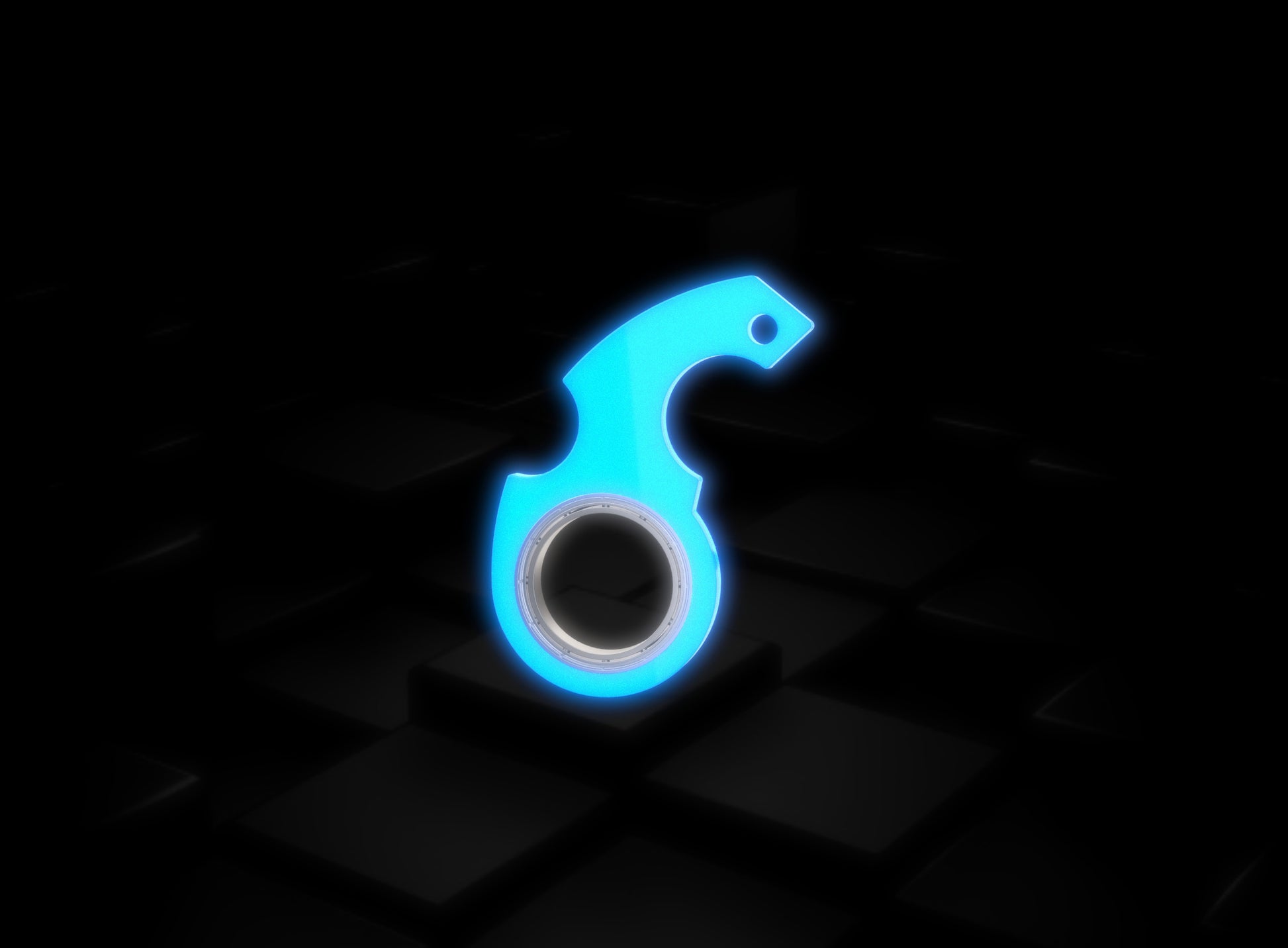 Shopi Vella finger spinner bottle opener in glowing blue with ergonomic design on black background