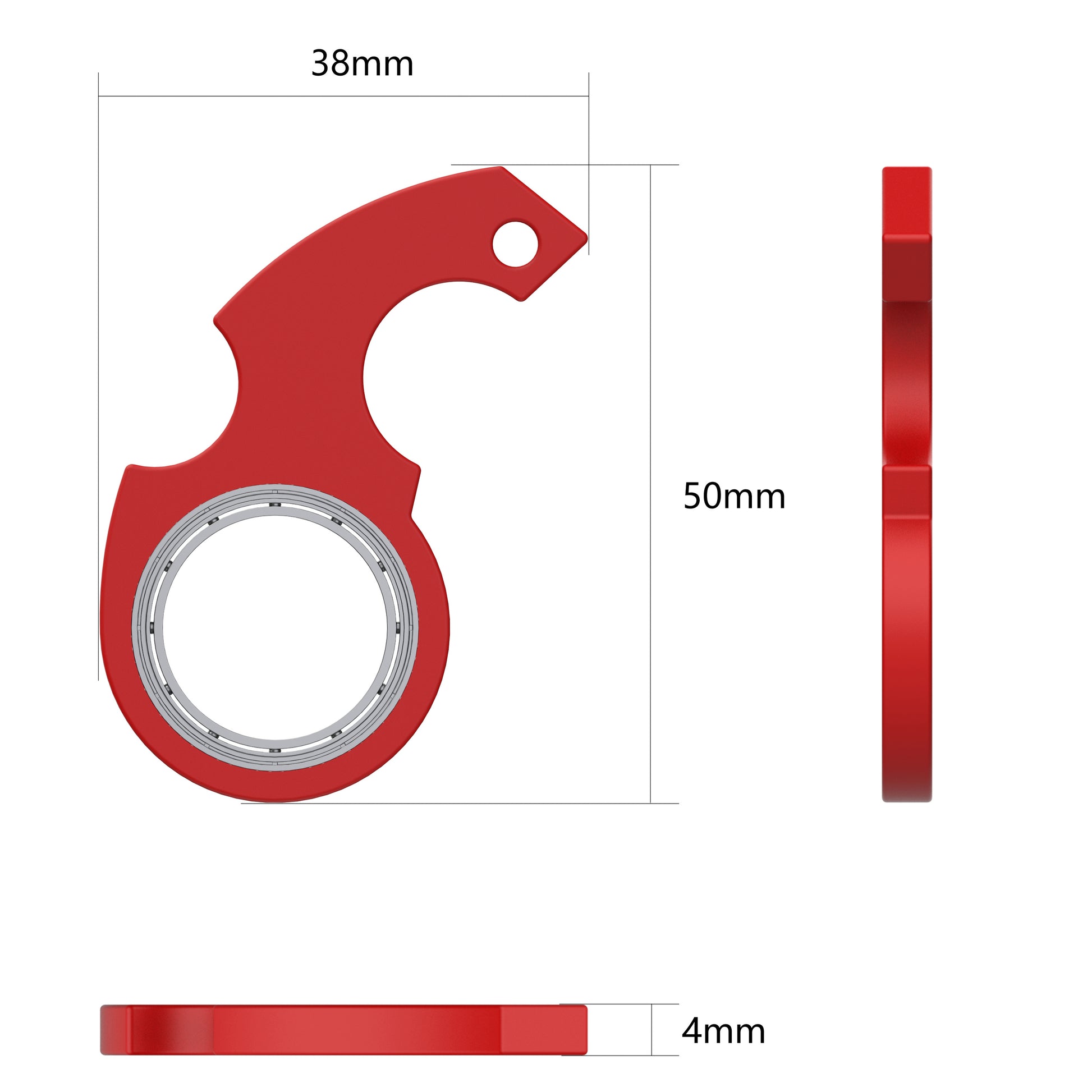 Red finger spinner bottle opener with compact 38 by 50 millimeters size and 4 millimeters thickness