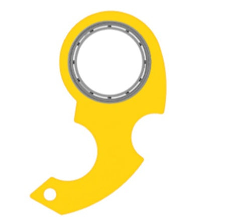 Yellow finger spinner bottle opener with built-in bearing for smooth spinning by Shopi Vella