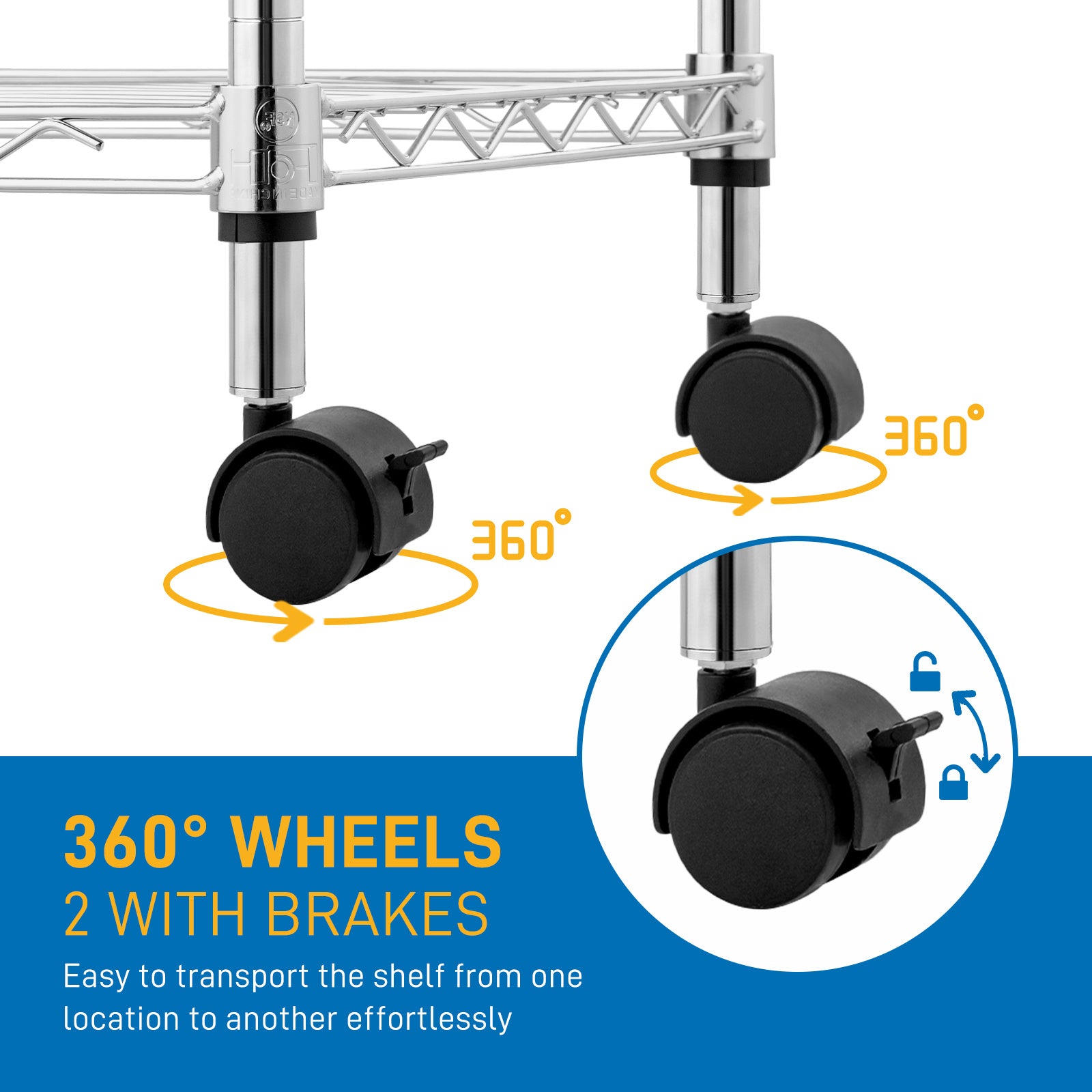Close-up of 360 degree wheels with brakes on a five tier metal storage rack for easy transport