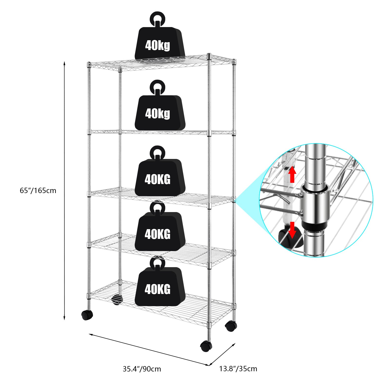 Shopi Vella five tier metal storage rack with wheels and 40kg weight capacity per shelf