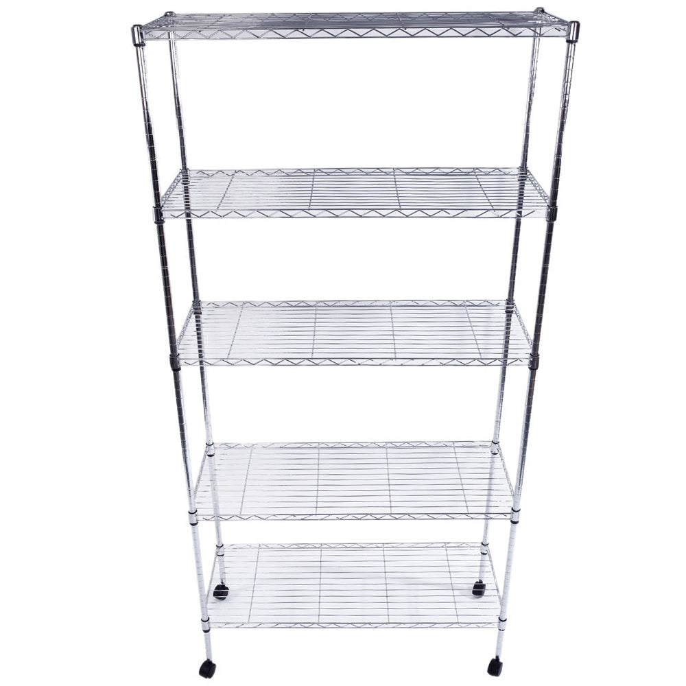 Shopi Vella five tier metal storage rack with wire shelves and casters for easy mobility