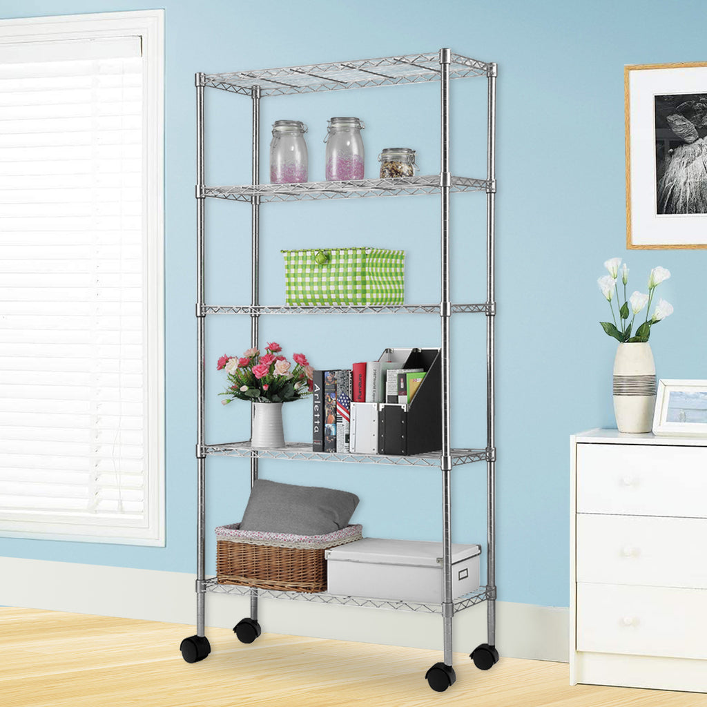 Shopi Vella five tier metal storage rack with wheels holding jars, books, storage boxes, and decorative items