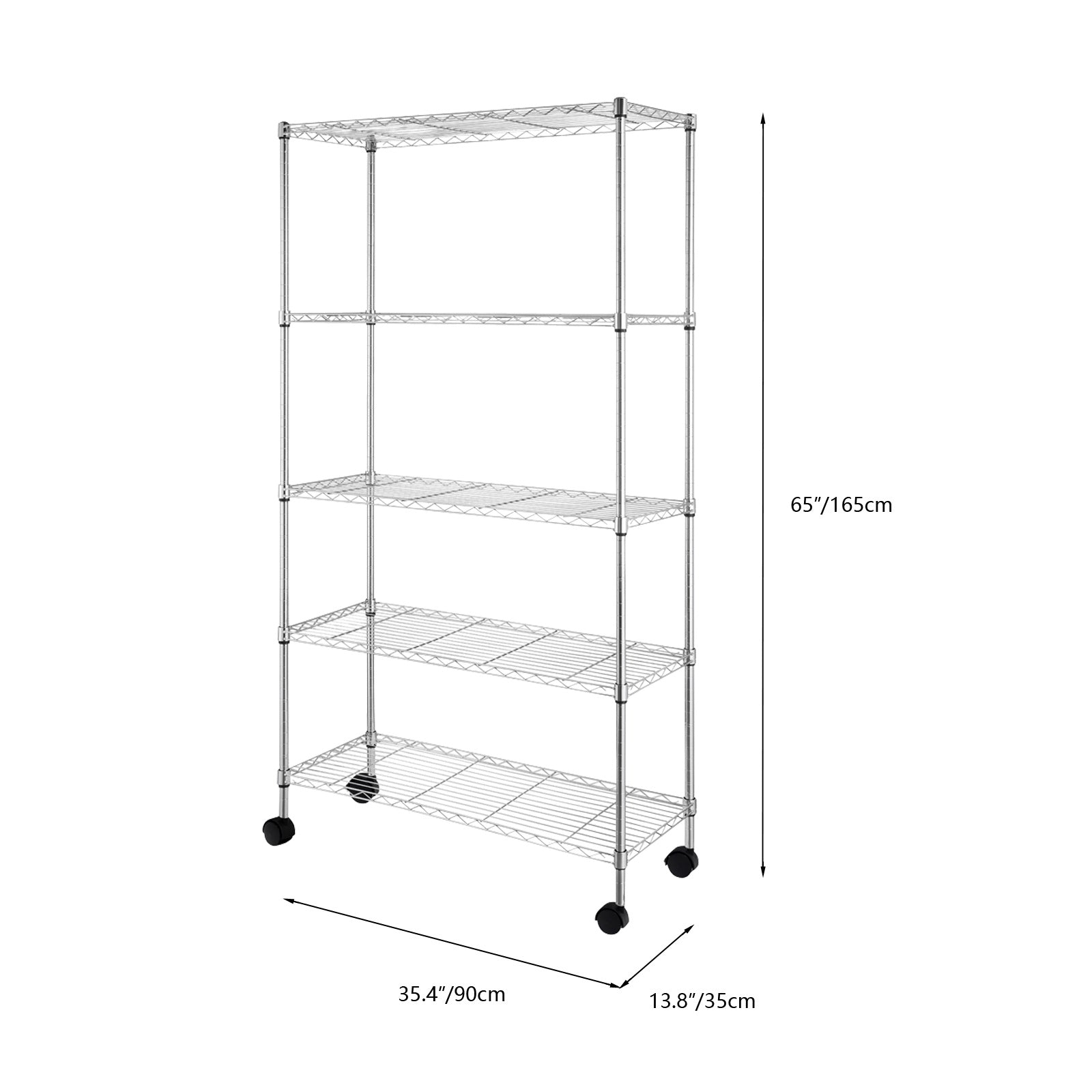 Shopi Vella five tier metal storage rack with wheels and wire shelves for organizing space