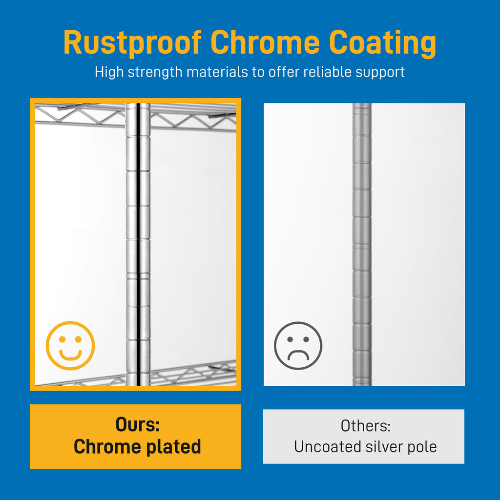Close-up comparison of rustproof chrome coated pole versus uncoated silver pole on five tier metal storage rack