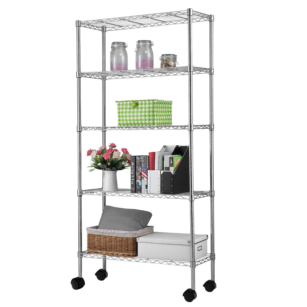 Shopi Vella five tier metal storage rack with wheels holding jars, basket, books, and decorative items
