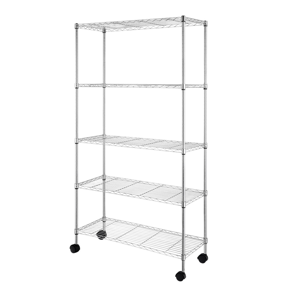 Shopi Vella five tier metal storage rack with wheels for versatile home and office organization