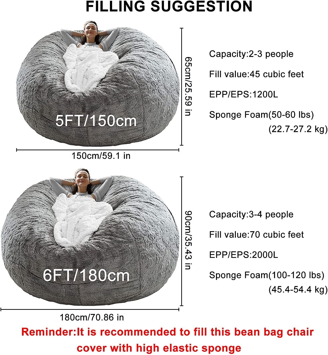 Shopi Vella fluffy velvet sofa bed cover on large gray bean bag chair with size and filling details