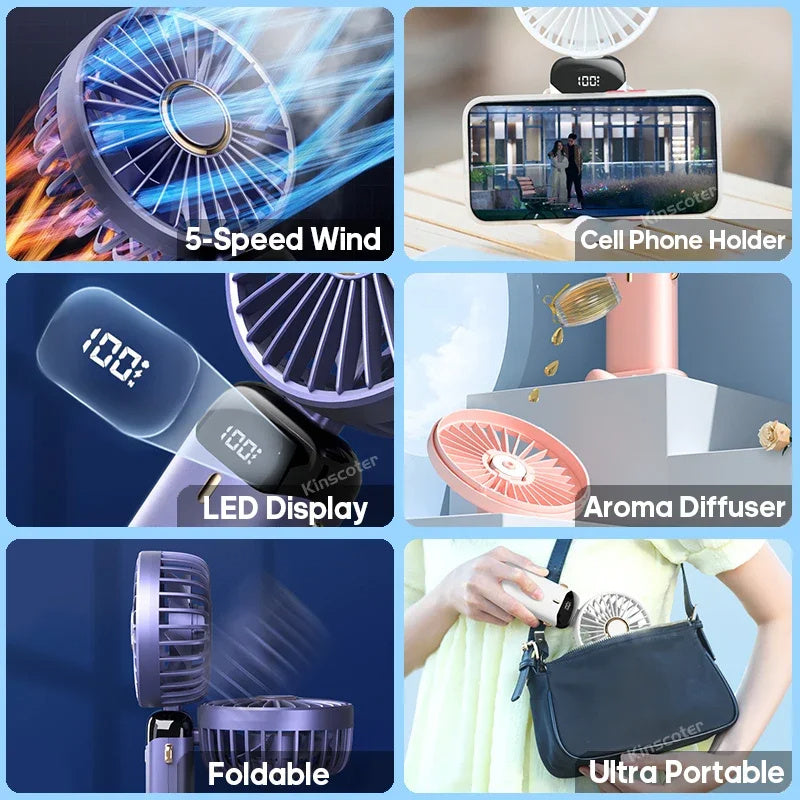 Shopi Vella foldable electric fan adjustable speed with LED display, cell phone holder, aroma diffuser, and ultra portable design