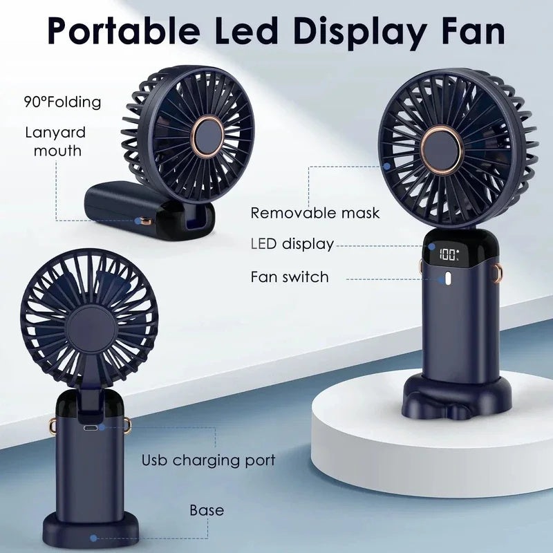 Shopi Vella foldable electric fan adjustable speed portable led display fan with USB charging port and 90 degree folding