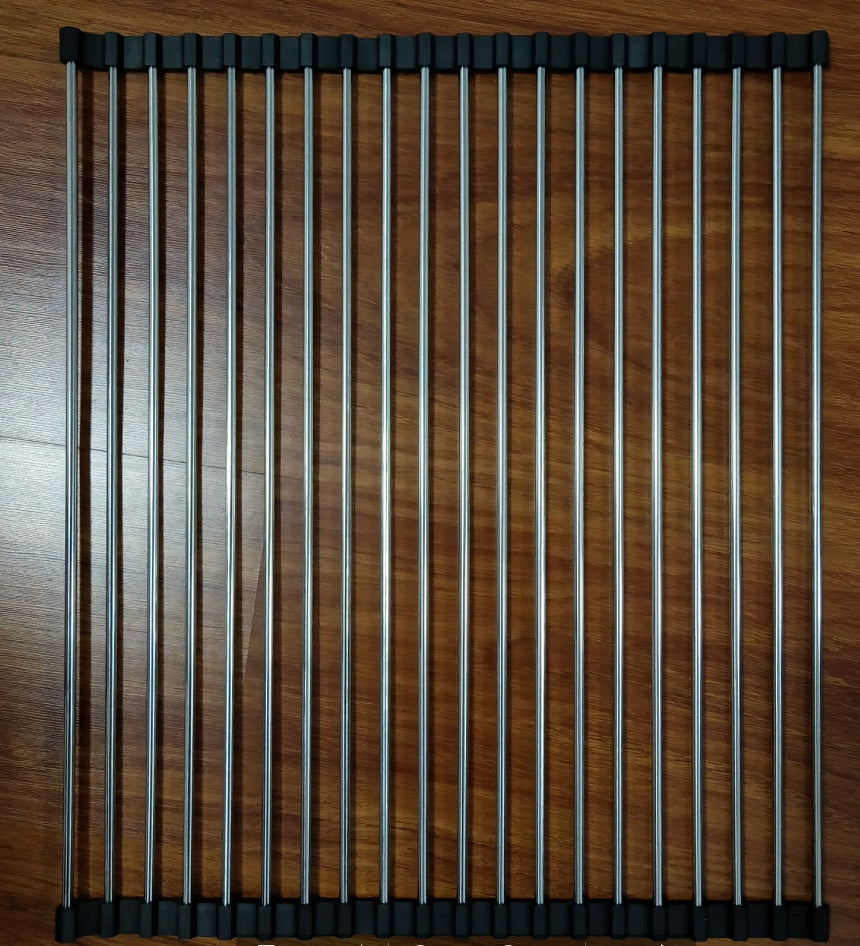 Shopi Vella foldable kitchen sink rack with stainless steel rods and black rubber edges on wood surface