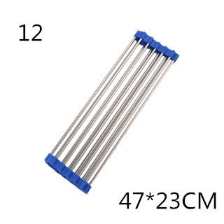 Shopi Vella foldable kitchen sink rack made of stainless steel with blue plastic ends measuring 47 by 23 centimeters