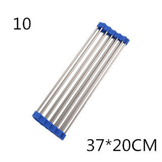 Shopi Vella foldable kitchen sink rack with stainless steel rods and blue plastic edges measuring 37 by 20 centimeters