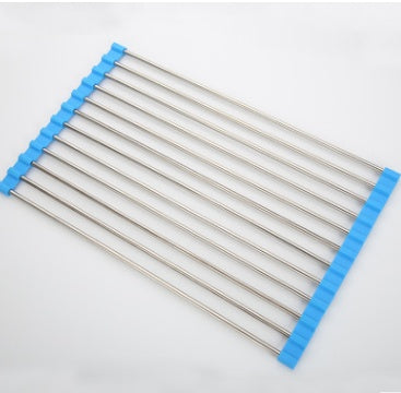 Shopi Vella foldable kitchen sink rack with stainless steel rods and blue silicone edges for drying dishes