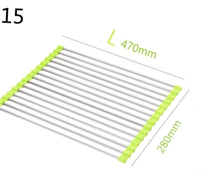 Shopi Vella foldable kitchen sink rack with stainless steel rods and green silicone edges measuring 470mm by 280mm