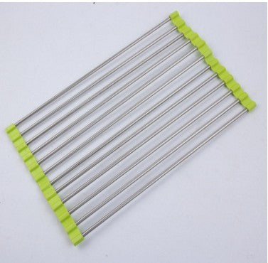 Shopi Vella foldable kitchen sink rack with stainless steel rods and green silicone edges for drying dishes