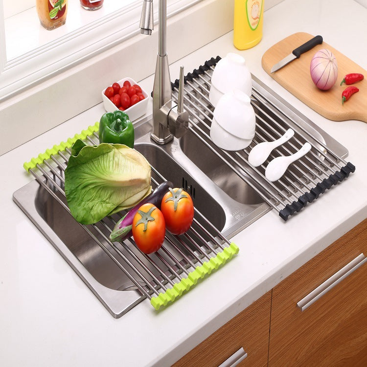 Shopi Vella foldable kitchen sink rack with vegetables and dishes on a double sink in a modern kitchen