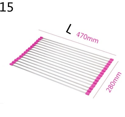 Shopi Vella foldable kitchen sink rack with pink silicone edges and stainless steel rods measuring 470mm by 280mm