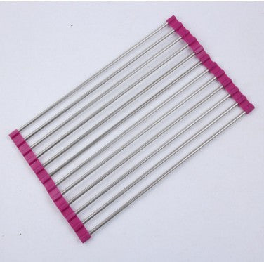 Shopi Vella foldable kitchen sink rack with stainless steel rods and purple silicone edges for drying dishes