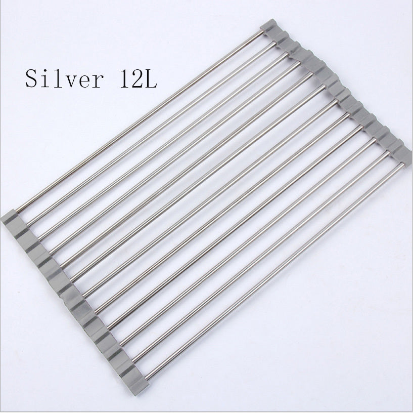 Shopi Vella silver 12L foldable kitchen sink rack with stainless steel rods and gray silicone edges