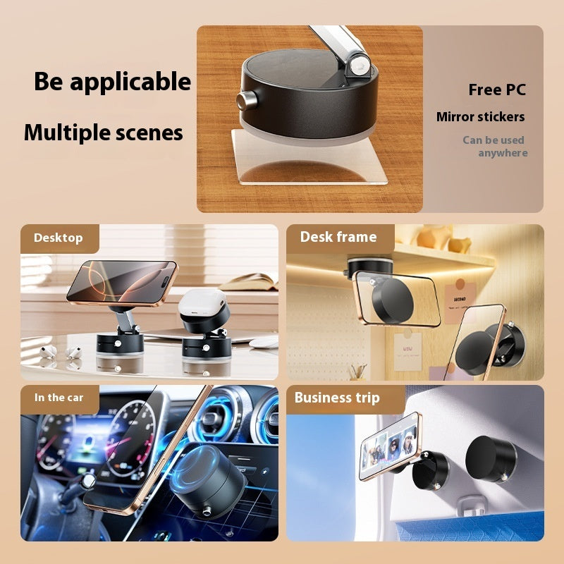 Shopi Vella foldable magnetic car phone holder shown in multiple scenes including desktop, desk frame, car, and business trip use