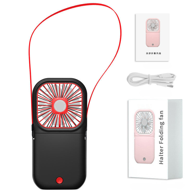 Shopi Vella foldable mini air cooler in black with red fan blades and lanyard, USB cable and packaging box