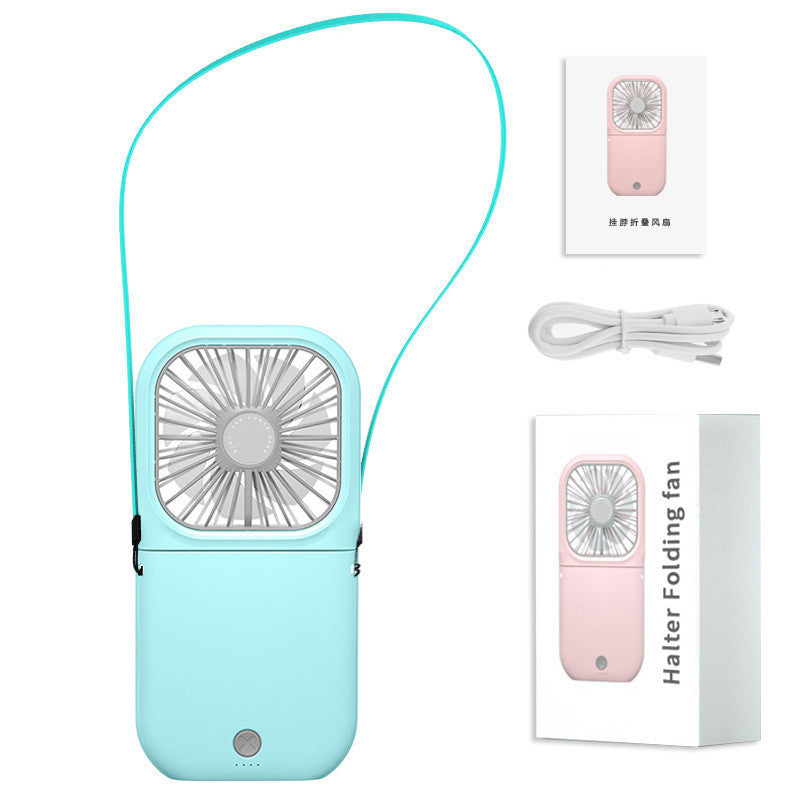 Shopi Vella foldable mini air cooler in blue with neck strap and USB charging cable
