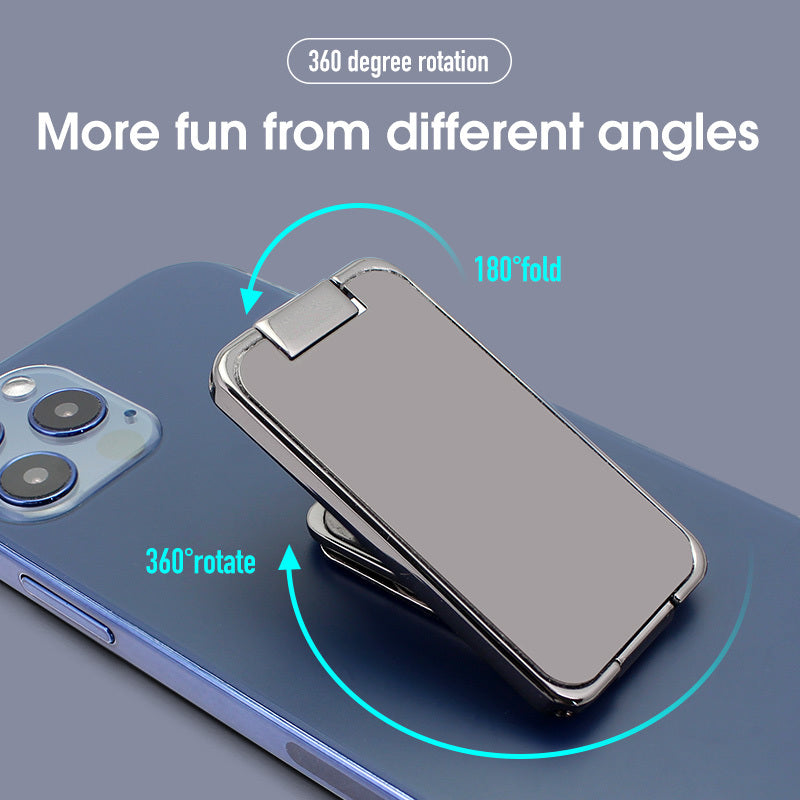 Foldable phone holder stand with 360 degree rotation and 180 degree fold on a blue smartphone