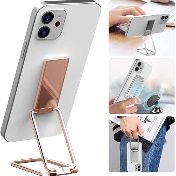 Shopi Vella foldable phone holder stand in rose gold attached to a white smartphone for hands-free use