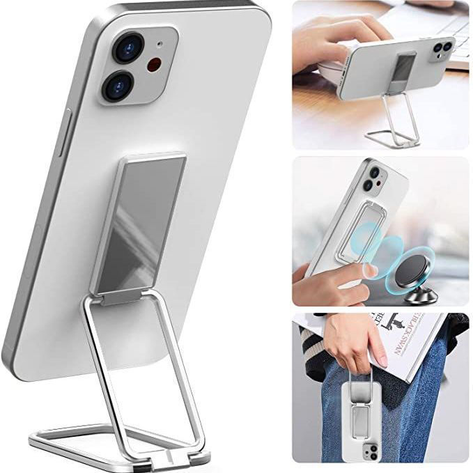 Shopi Vella foldable phone holder stand in silver attached to a smartphone for hands-free use and portability