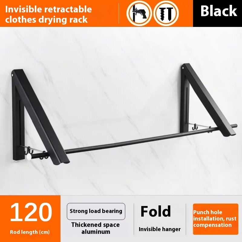 Black foldable retractable clothes rack with strong load bearing and invisible hanger on white wall