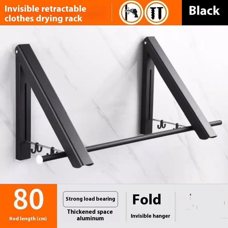 Black foldable retractable clothes rack wall-mounted with strong load bearing and 80 cm rod length