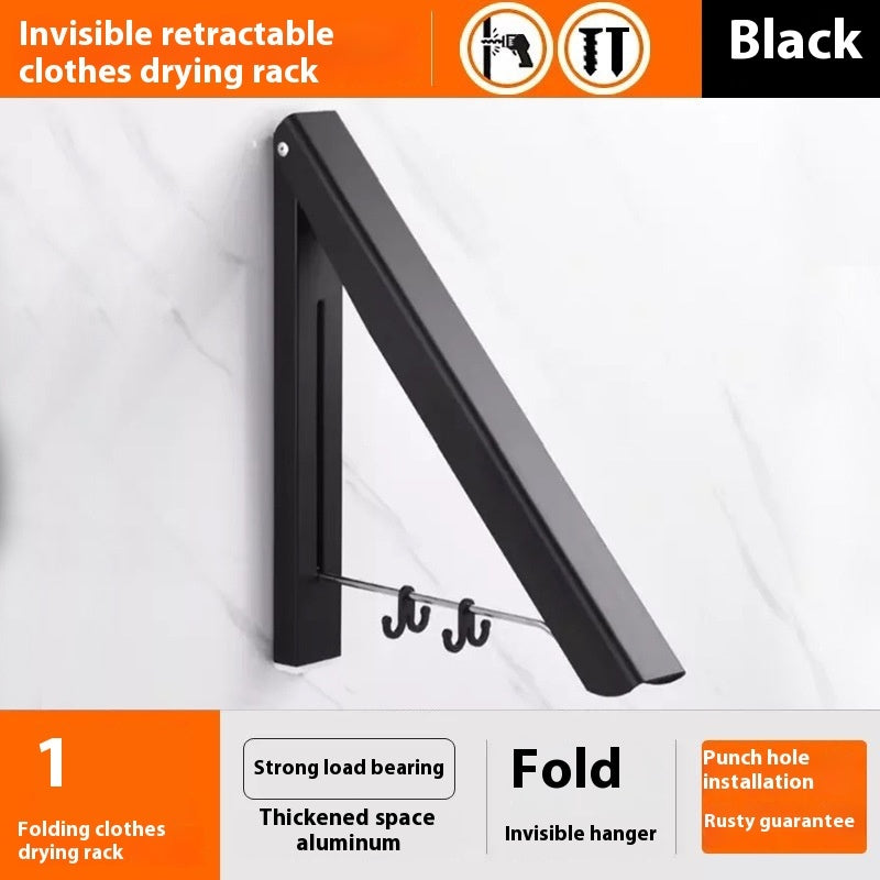 Black foldable retractable clothes rack mounted on a white wall with strong load bearing and aluminum design