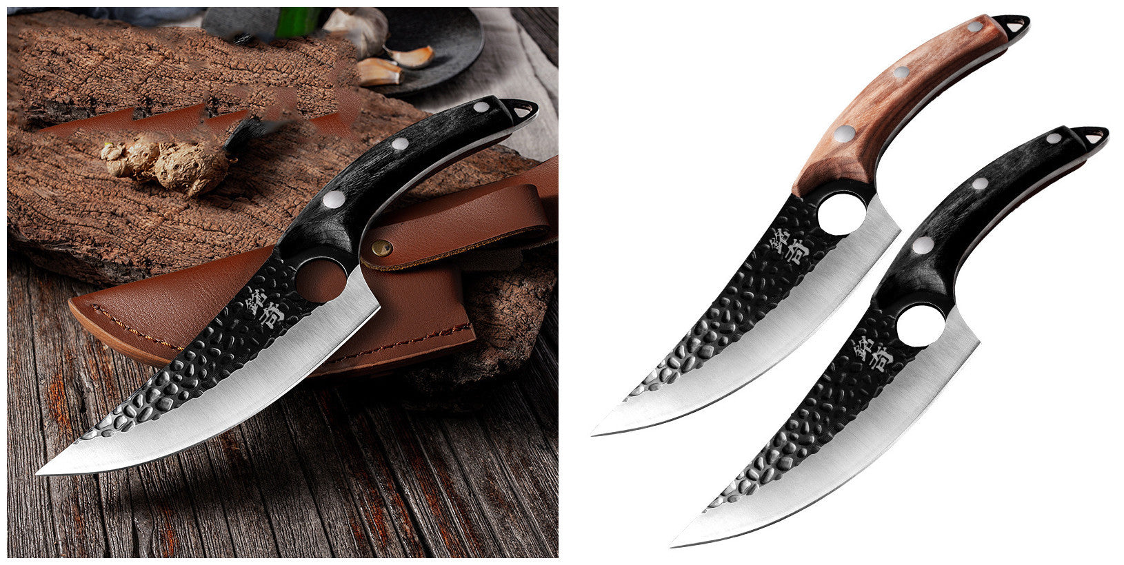 Shopi Vella forged boning knife with hammered blade and ergonomic handle shown with leather sheath