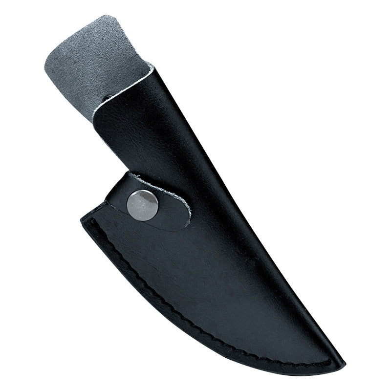Black leather sheath for forged boning knife by Shopi Vella protecting the blade securely