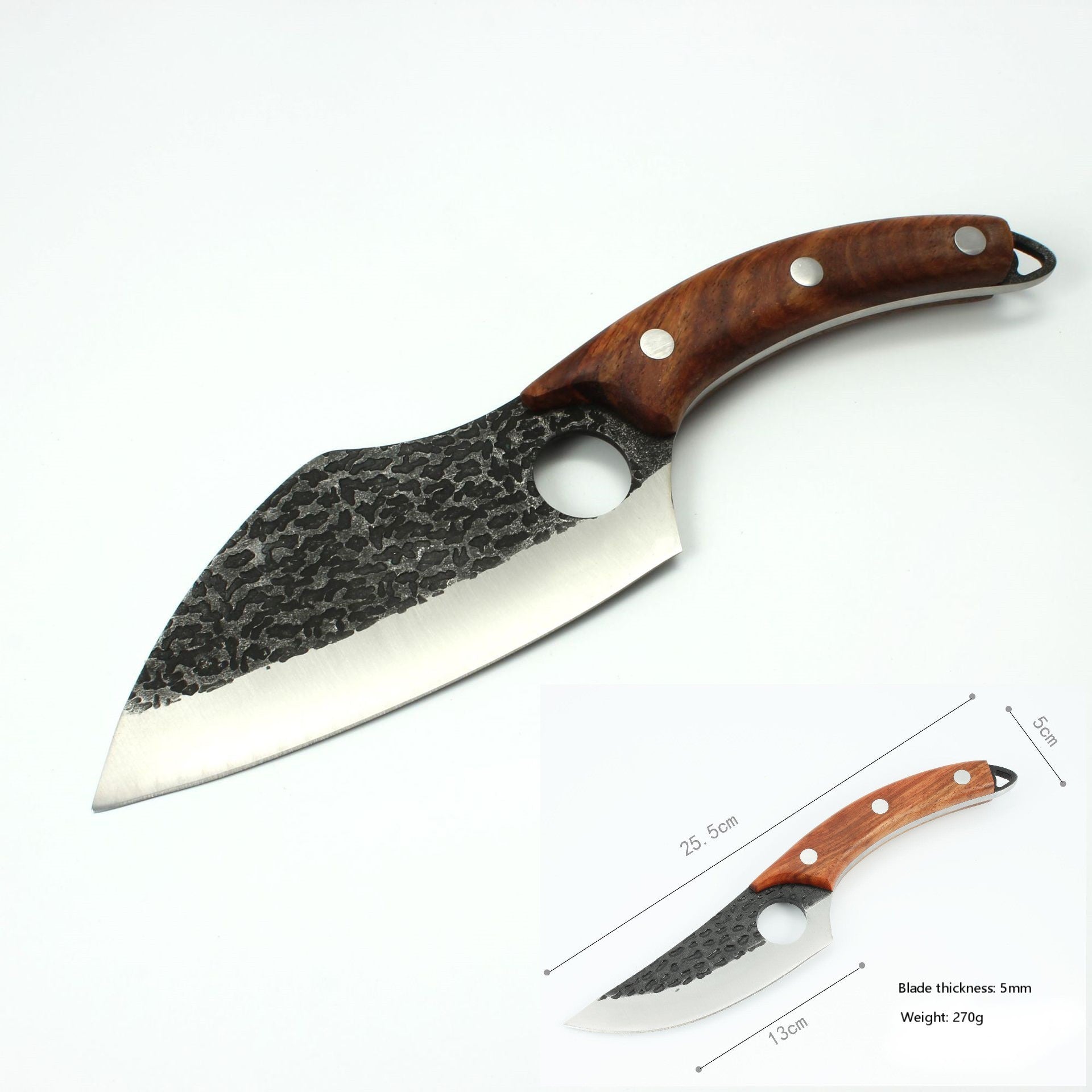 Shopi Vella forged boning knife with textured blade and wooden handle measuring 25.5 cm