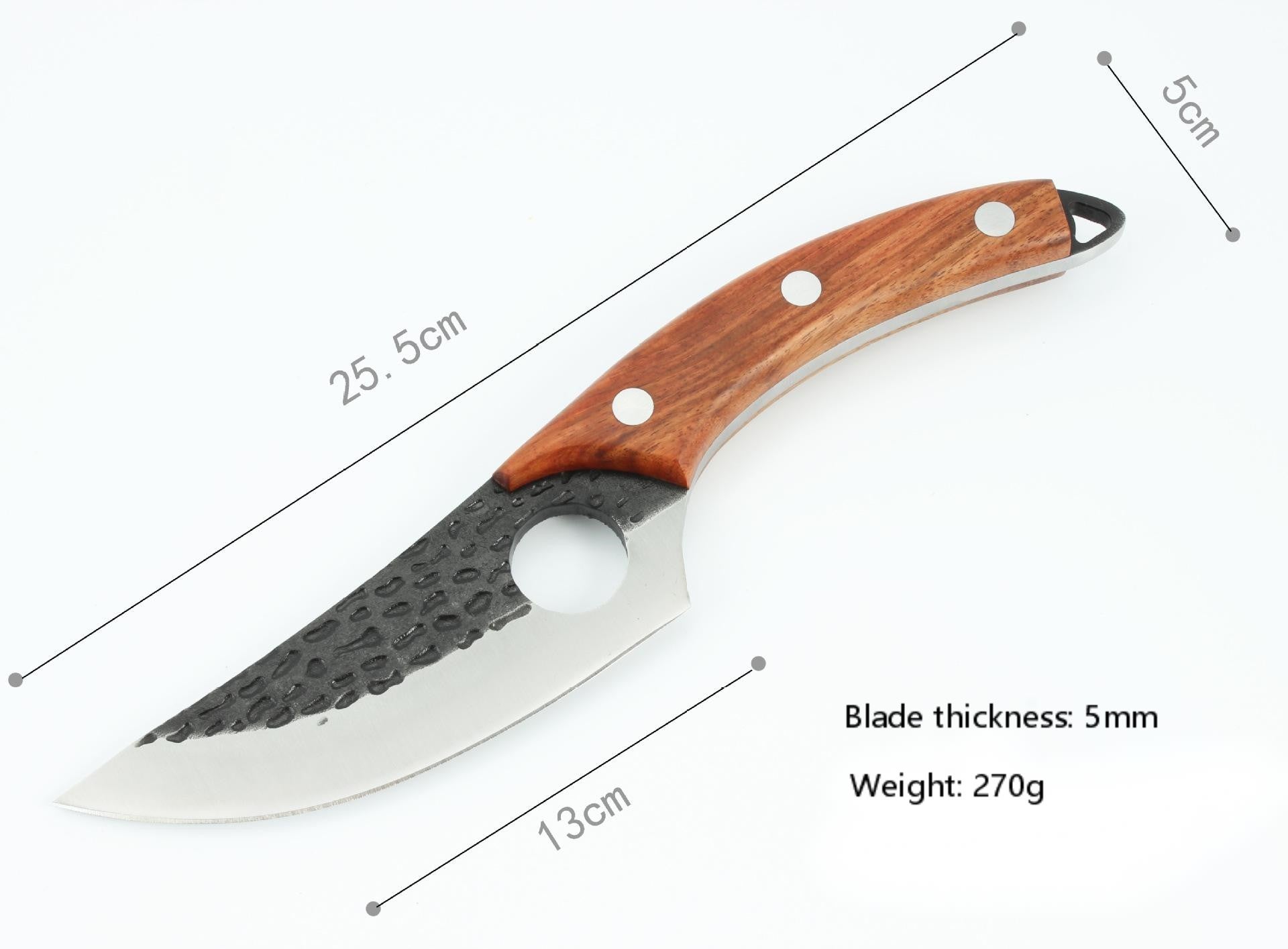 Shopi Vella forged boning knife with hammered steel blade and wooden handle measuring 25.5 cm