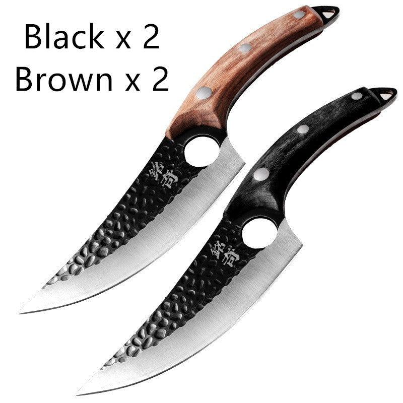 Shopi Vella forged boning knife set with curved hammered blades and ergonomic black and brown handles