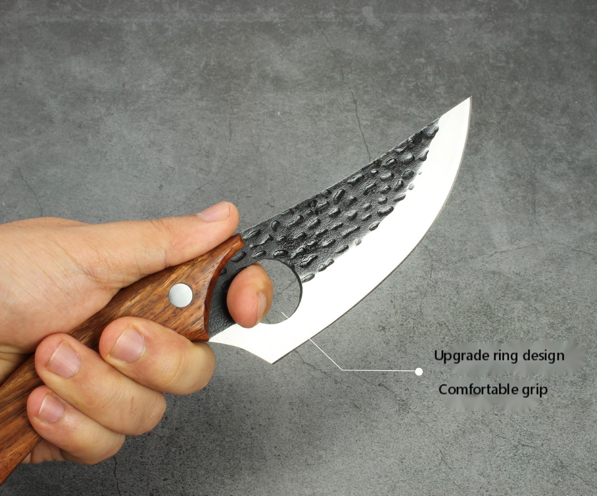 Shopi Vella forged boning knife with hammered blade and wooden handle featuring an upgrade ring design for a comfortable grip