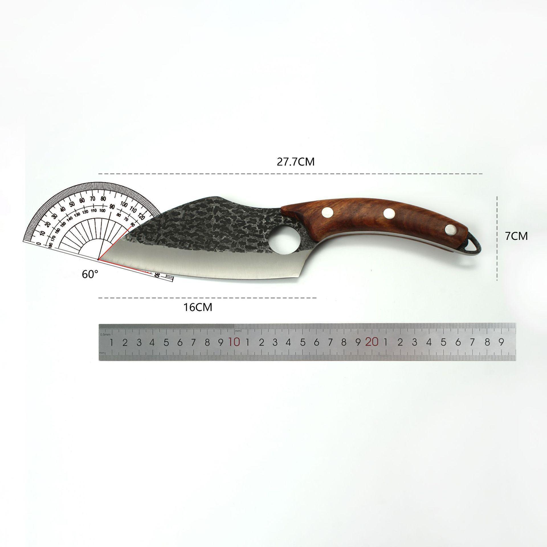 Shopi Vella forged boning knife with hammered blade texture and wooden handle measuring 27.7 cm